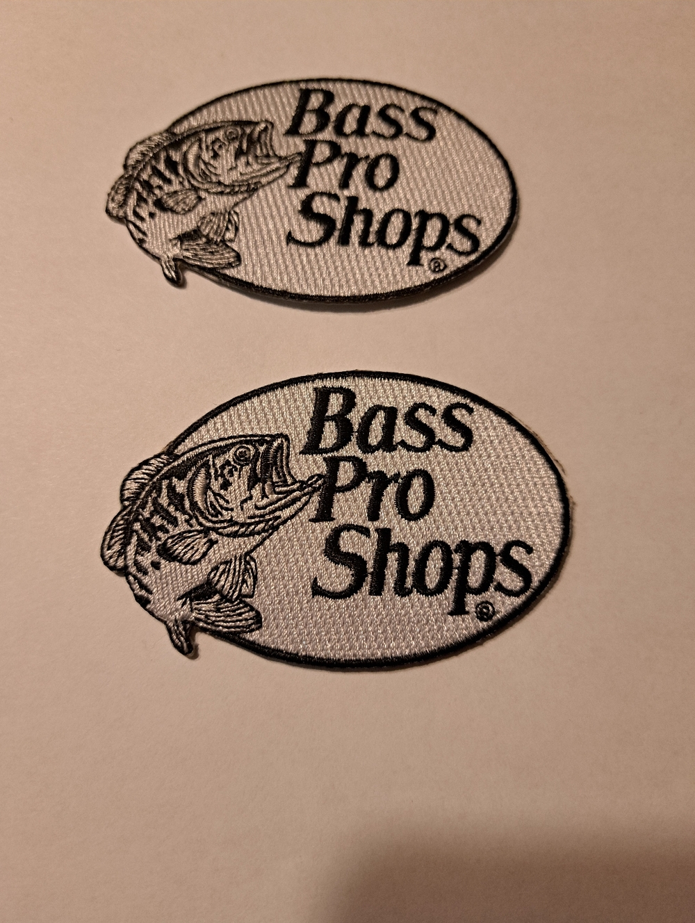 New Bass Pro Shops Fish Logo Iron-On Patches 3"x2" Silver Black Lot of 2